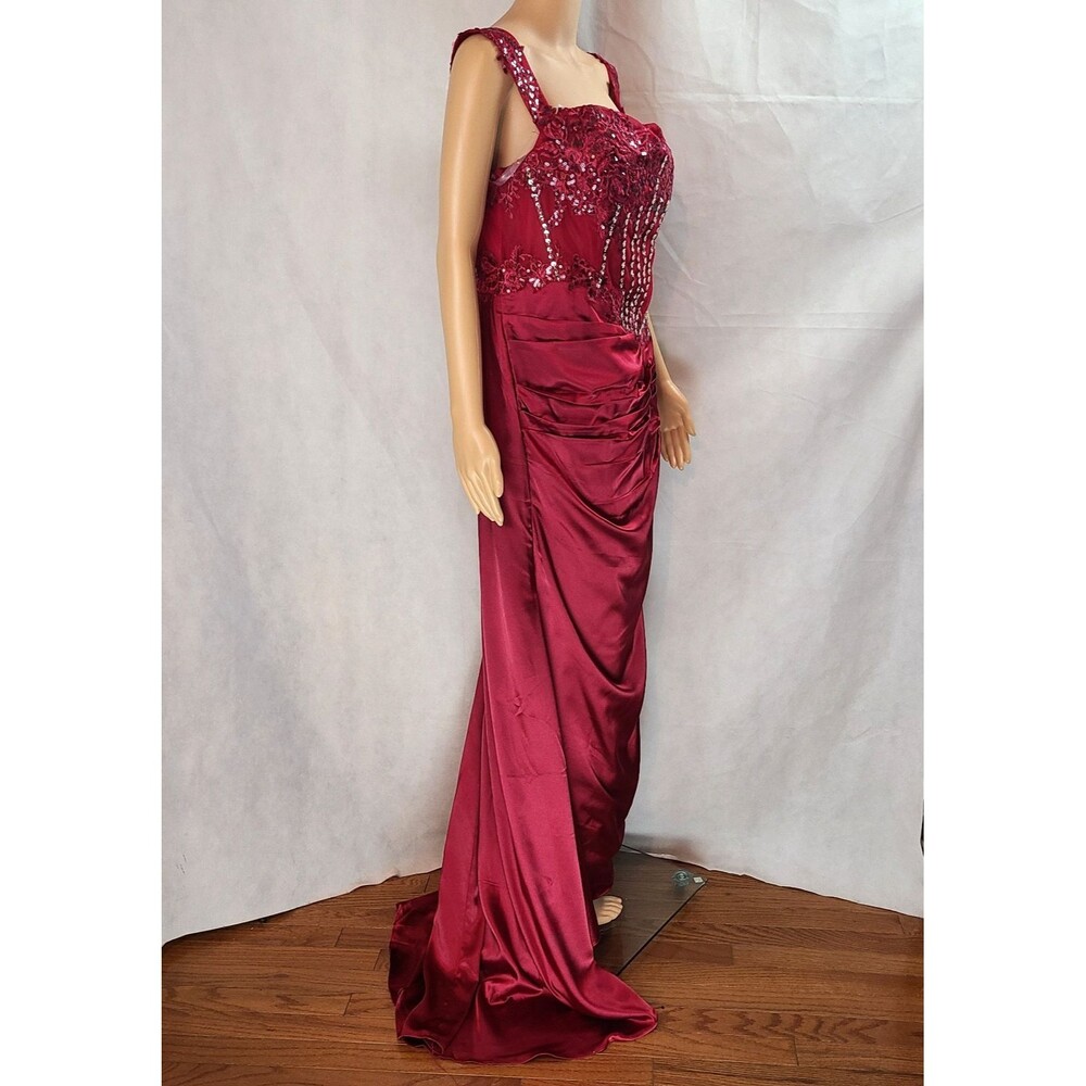 New Prom (18W) Burgundy Lace/Satin Sequin Off Shoulder Rouched High Slit Dress - Picture 10 of 14